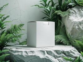 White Blank Box Mockup on Stone Surface with Tropical Greenery. photo