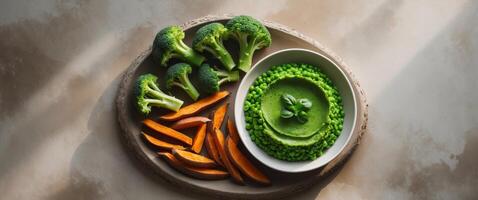Healthy meal featuring green mashed peas with broccoli and sweet potato fries served in bowls on a textured surface. photo