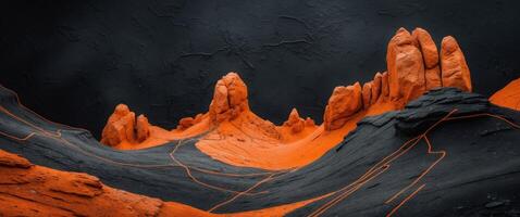 Dark textured background with orange rock formations and abstract lines. photo