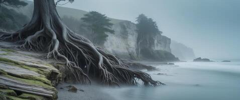 A tree with roots on the beach by the ocean photo