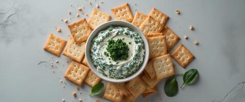 Spinach dip with crackers on a white background photo
