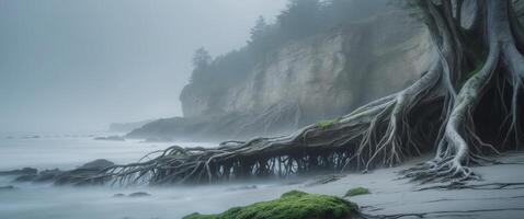 A tree root is growing on the beach photo
