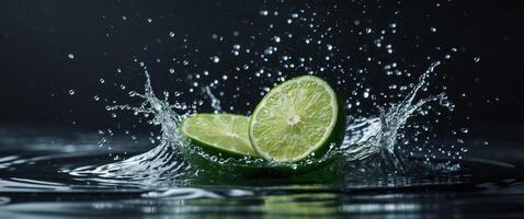 Lime slice splashing water on black background photo