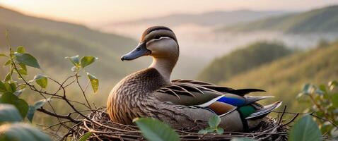 A duck sits in a nest on top of a mountain photo