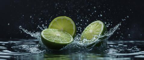 Lime slices splashing in water photo