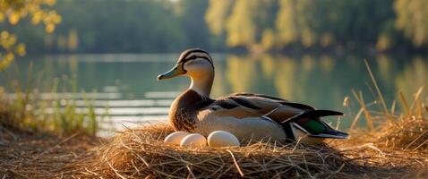 A duck sits on top of a nest with eggs photo