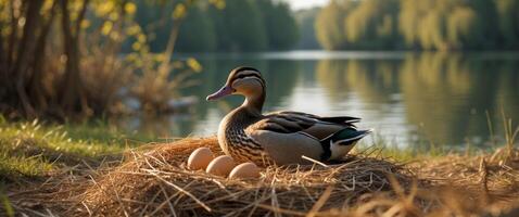 A duck sitting on a nest with eggs photo