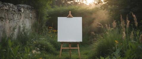 An easel with a blank canvas in the middle of a field photo