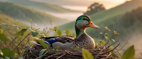 A duck sits in a nest on a hillside photo