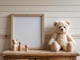 A teddy bear sits next to a wooden table with a blank picture frame photo