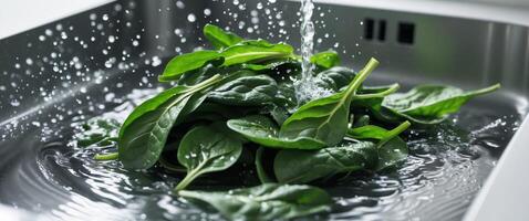 Spinach being washed in a sink photo