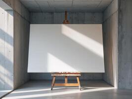 Blank canvas on easel in gray concrete studio photo