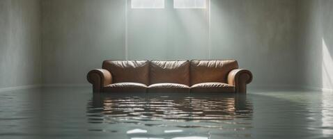 Water fills an empty room with a submerged sofa. photo
