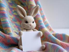 Knitted bunny holding a blank white paper sheet on a colorful knitted blanket photo