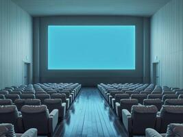 Empty cinema hall with rows of seats and blue screen photo