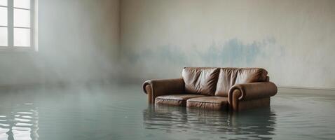 Water fills an empty room with a submerged sofa photo