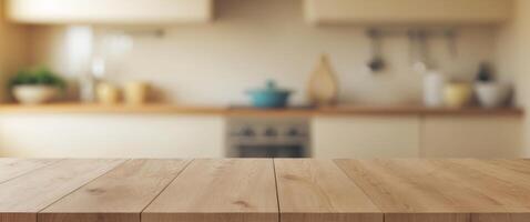 Empty Wooden Tabletop with Blurred Kitchen Background photo