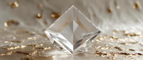 Geometric crystal square in gold textured background close up. photo