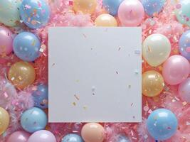 Blank White Square with Colorful Balloons and Confetti Background. photo