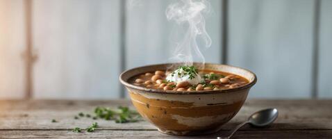 Chicken and beans stew in a ceramic bowl on a wooden table photo