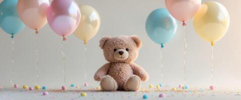 A teddy bear is surrounded by balloons photo