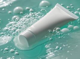 A tube of toothpaste floating in a pool of bubbles photo