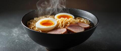 Ramen with eggs and meat in a bowl photo