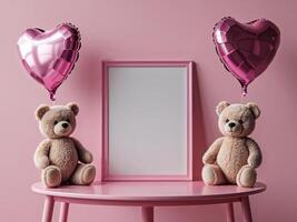 Two teddy bears with pink balloons on a table next to a blank frame photo