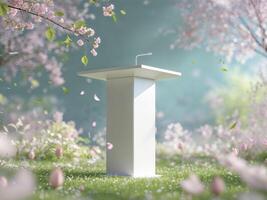 A podium is in the middle of a field with flowers photo