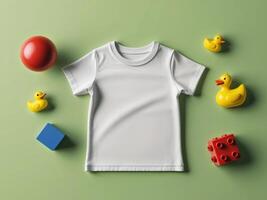 White t - shirt, rubber duck, and other toys on a green background photo