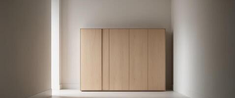 A wooden cabinet in a room with a light photo