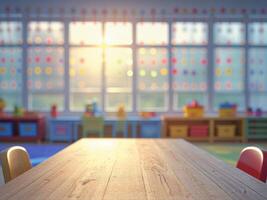 Empty wooden tabletop on blurred background of kindergarten with big window and colorful furniture. photo