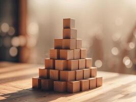 Arrangement of Wooden Cubes Forming a Pyramid on Table with Soft Focus Background and Natural Lighting Ideal for Creative Projects and Educational Use. photo