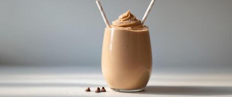 Creamy Peanut Butter Chocolate Smoothie in a Glass with Straw photo
