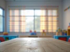 Empty wooden tabletop on blurred background of kindergarten with big window and colorful furniture photo