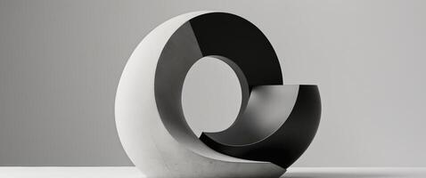 Abstract concrete sculpture with black accents and a round shape. photo
