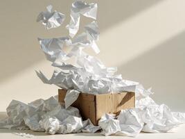 Overflowing crumpled white wrapping paper in cardboard box on beige background. photo