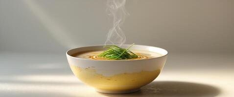 A bowl of soup with a green sprout on top photo