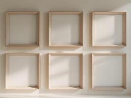 Mockup of an Empty Wall with Six Light Wooden Frames. photo