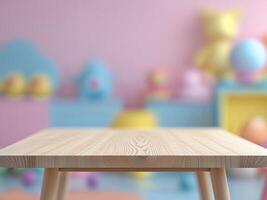Empty Wooden Table in a Colorful Playroom with Blurred Background. photo