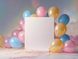 Colorful Celebration Background with Blank Canvas and Balloons. photo