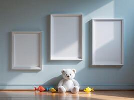 Three empty frames on a wall in front of a teddy bear photo