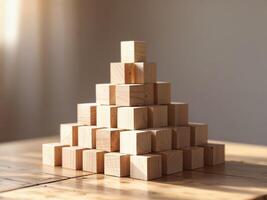 A pyramid of wooden blocks on a table photo