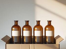 Three empty brown bottles in a cardboard box photo