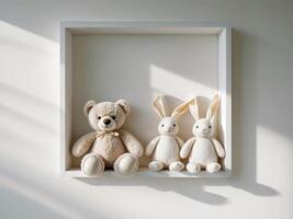Three stuffed animals in a white frame photo