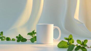 A white mug with leaves on a table photo