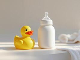 A rubber duck and a baby bottle on a table photo
