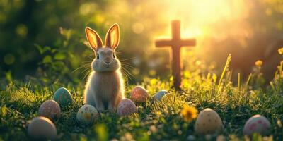 Soft bunny rests peacefully in a field surrounded by colorful eggs near a wooden cross at sunset photo