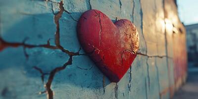 Red heart sculpture on cracked blue wall in urban setting captured during golden hour light photo