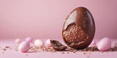 Chocolate egg with a bite taken out, surrounded by colorful candy eggs on a pink background photo